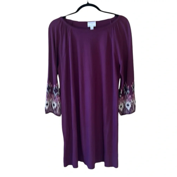 J. Jill Sz M Like New Dark Plumb Shift Midi Dress Embroidered Boho Long Sleeves - Picture 1 of 9